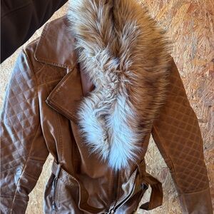 Scully Tan Leather Jacket with Faux Fur Collar